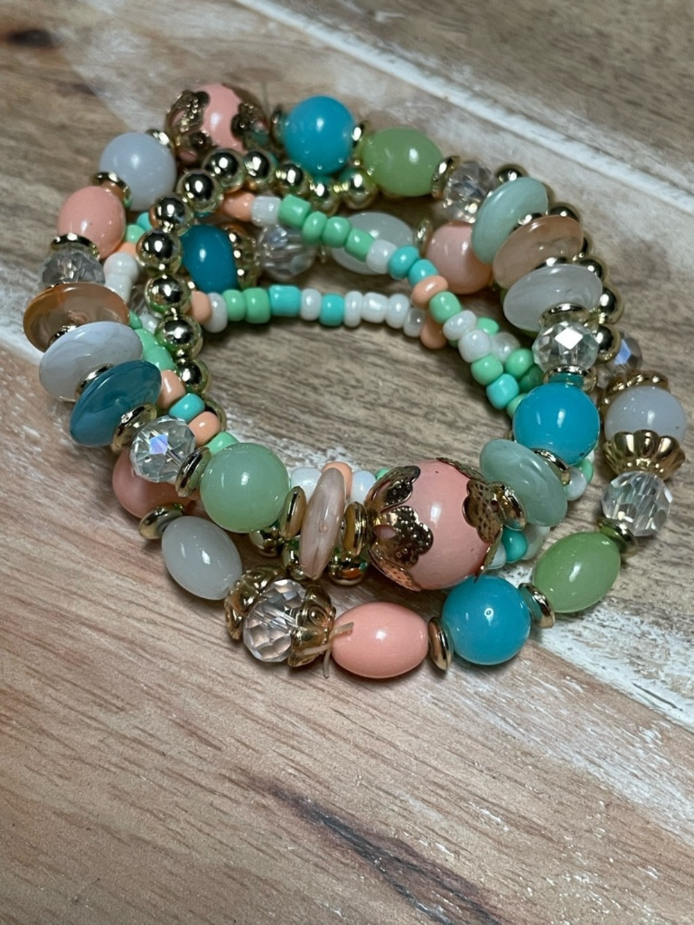 Pastel, Turquoise, Aqua, Green, Pink & Gold Multi-Strand Stretch Bracelet - Picture 2 of 6